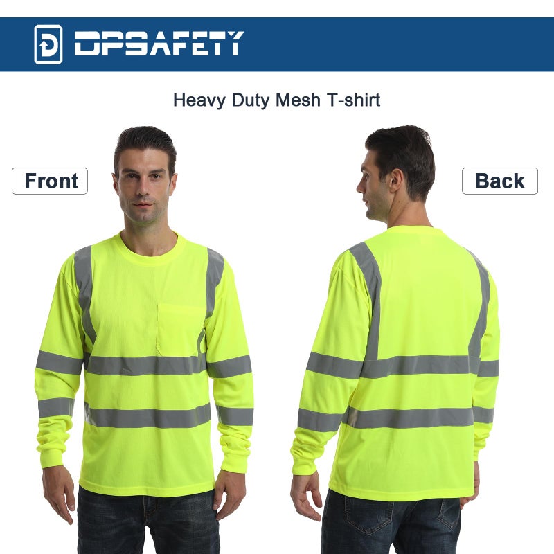 DPSAFETY High Visibility Class 3 T Shits, Hi vis Safety Shirts with Reflective Strips and Pocket, Long Sleeve Quick Dry Mesh Construction Work Shirt for Men/Women Lime.Small - Image 5